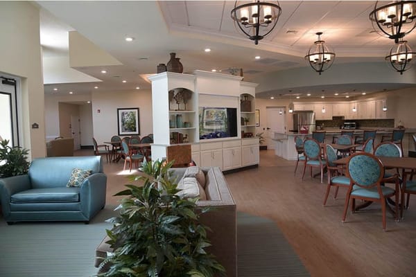 Cozy living room with seating and dining areas