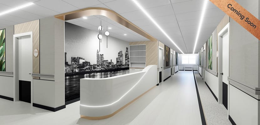 Interior view of a modern nursing home corridor