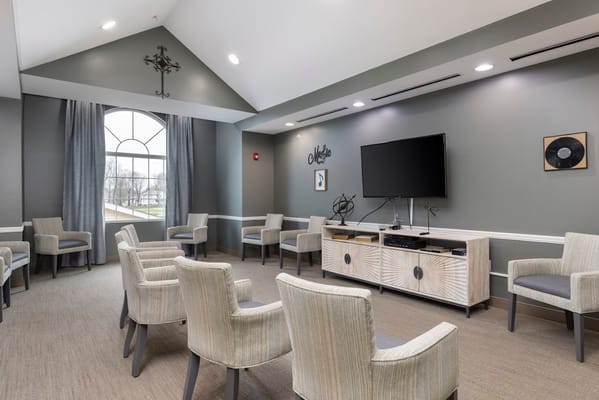 Bright interior common area with seating