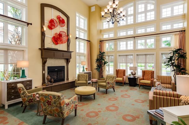 Bright common area with seating and decorative elements