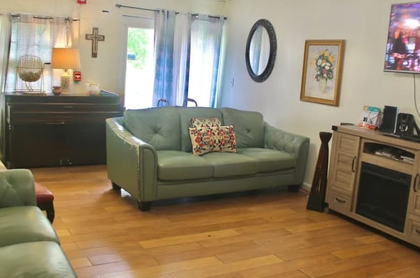 Comfortable living room with a green sofa and wooden accents.