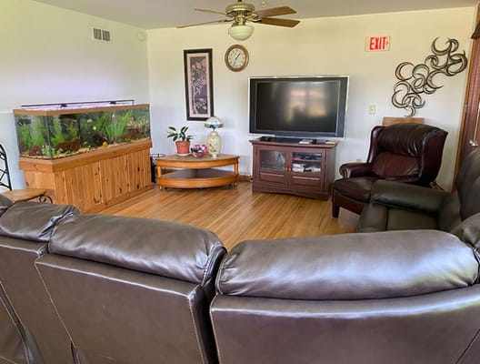 Cozy common area with television and fish tank