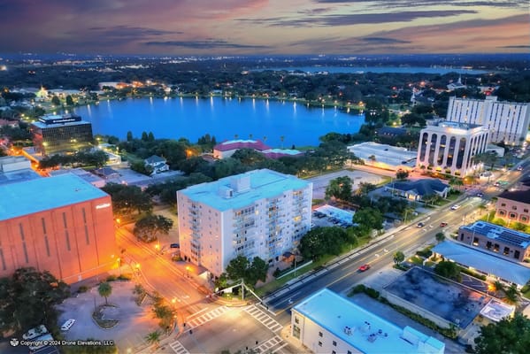 Aerial view of Lake Morton and surrounding area during dusk.