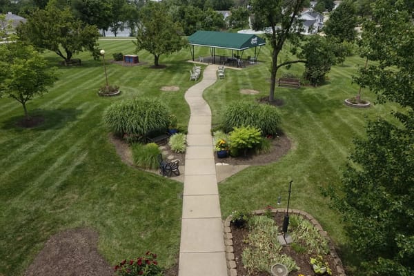 Aerial view of a landscaped outdoor space with a gazebo