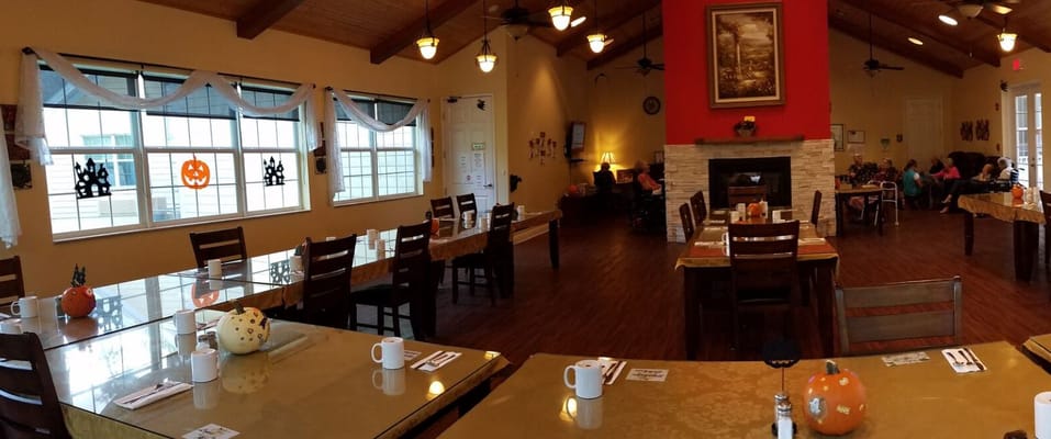 Interior dining area with festive decorations for Halloween