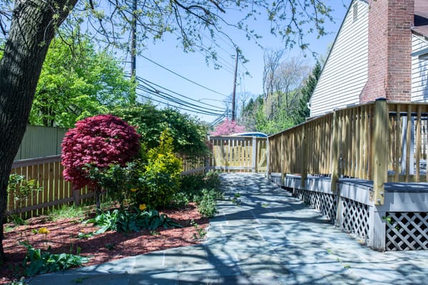 A paved garden path surrounded by colorful shrubs and greenery.