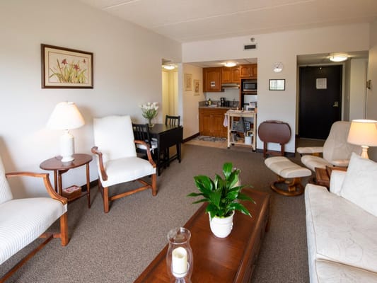 Cozy living room featuring comfortable seating and a kitchenette.