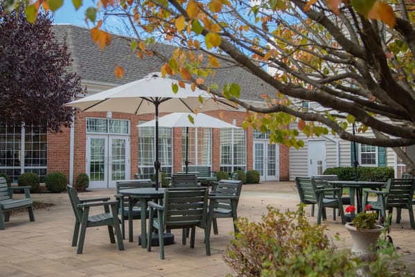 An outdoor seating area with tables and umbrellas