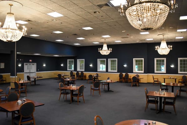 Empty dining room with elegant chandeliers