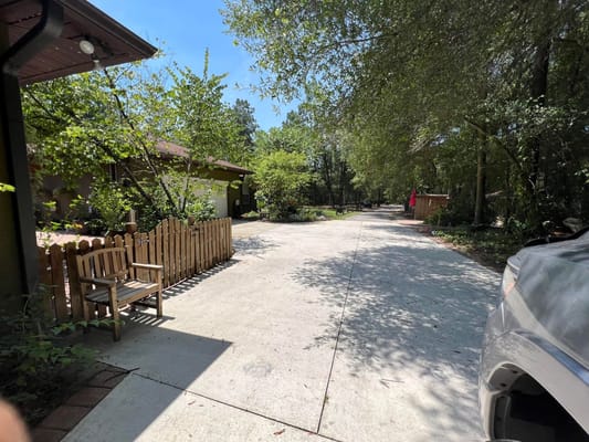 A walking path with a wooden bench and greenery at Starlight at Deland.