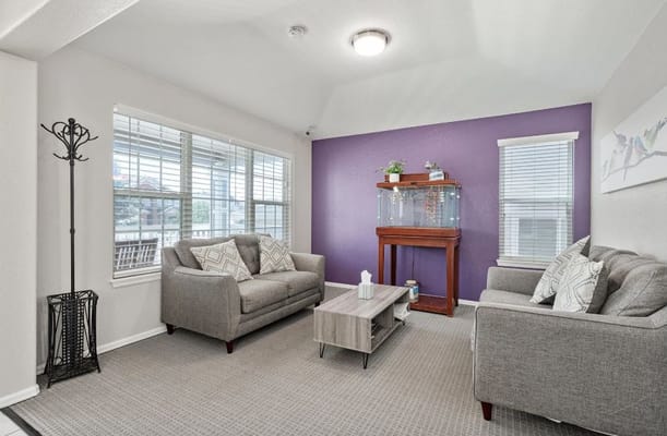 Cozy living room with gray sofas and aquarium.