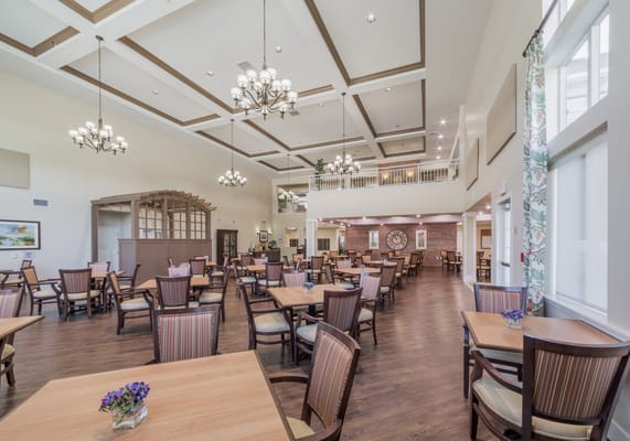 Bright dining area with tables and chairs available