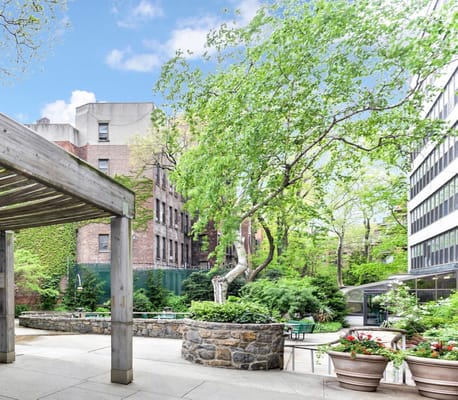 Outdoor garden area with greenery and seating