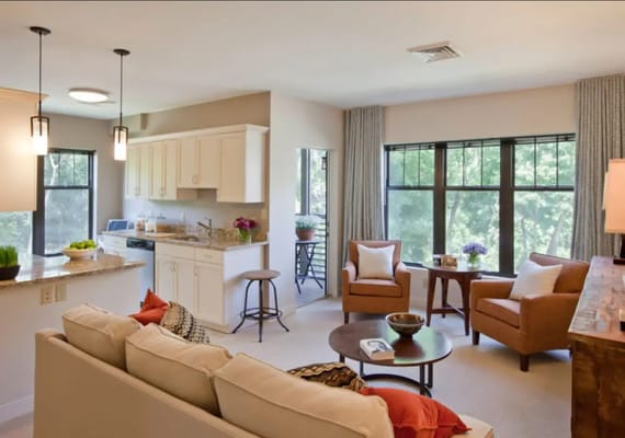 Bright interior of a resident apartment with a living area and kitchen