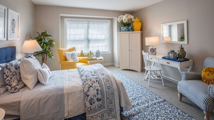 Brightly decorated resident room with cozy furnishings