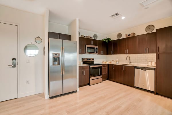 Modern kitchen interior with stainless steel appliances