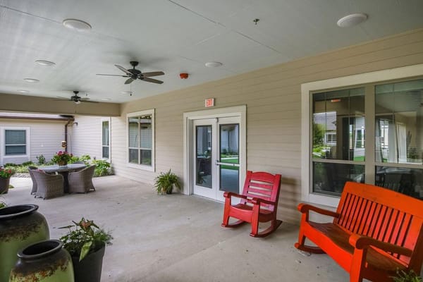 A bright interior common area with seating