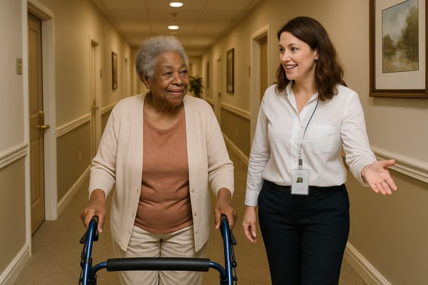 A resident and staff member conversing in a hallway