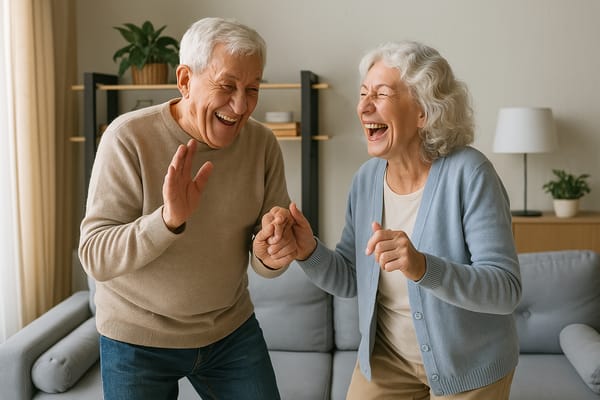 Two seniors joyfully dancing in a cozy living room