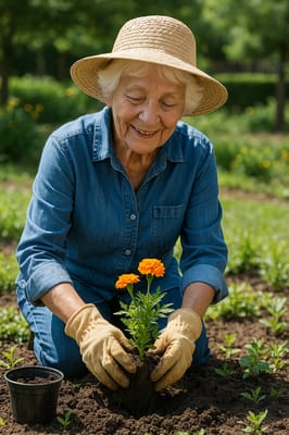 Senior woman gardening with marigolds