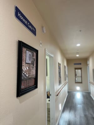 Interior hallway with decor and signage