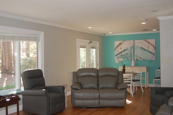 Bright common area with seating and decor