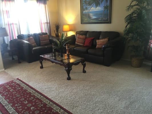 Comfortable living room with leather sofas and decorative elements.