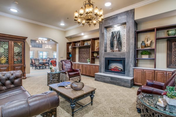 Cozy common area with comfortable seating and fireplace