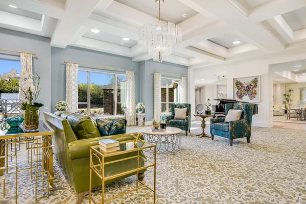 Bright and elegant common area with seating and decor