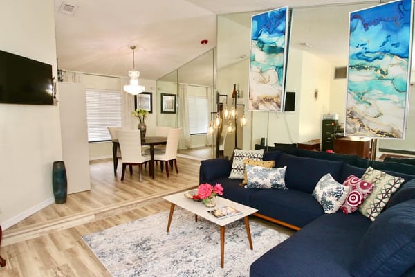 A stylish lounge area with seating and decor