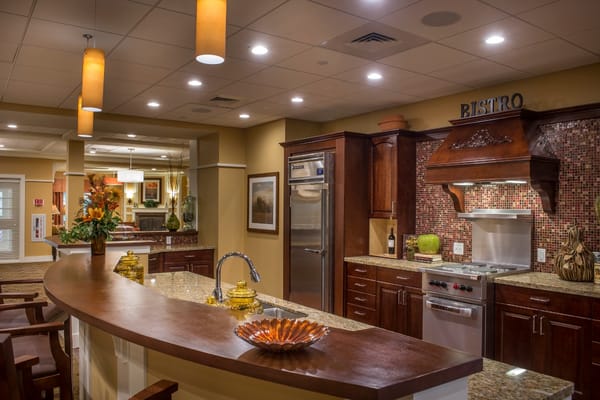 Bright bistro kitchen area in senior living facility