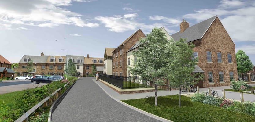 Exterior view of a senior living facility with landscaped gardens