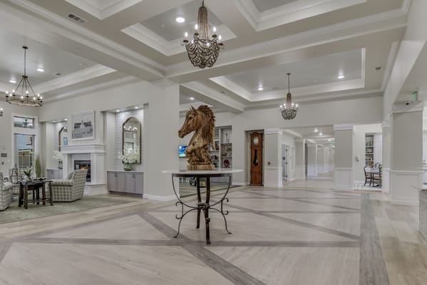 Interior view of a spacious common area with stylish decor