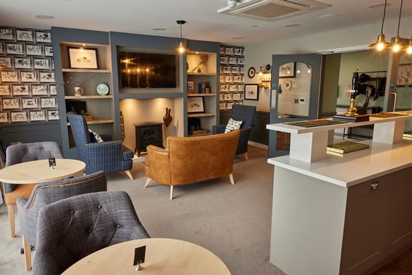 Bright common area with seating and decor