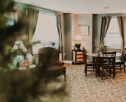 Interior view of a comfortable living room with armchair and dining table
