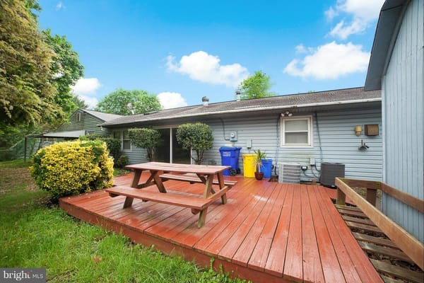 Wooden deck with a picnic table and surrounding greenery