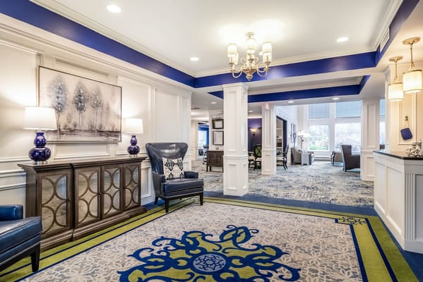 Cozy lobby with seating and decorative features