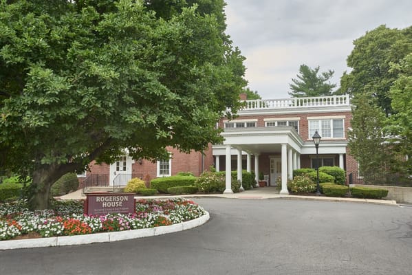 Front entrance of Rogerson House surrounded by landscaping