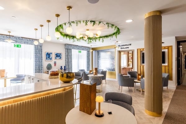 Bright and modern lounge area with stylish furniture and decor