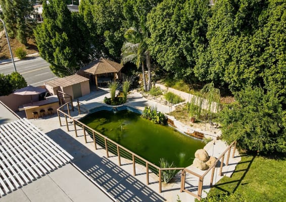 Aerial view of an outdoor garden area with a pond