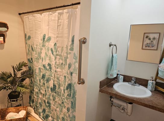 A view of a bathroom with a shower curtain and sink.