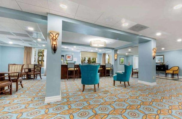 Bright and airy lounge area with blue chairs and patterned carpet
