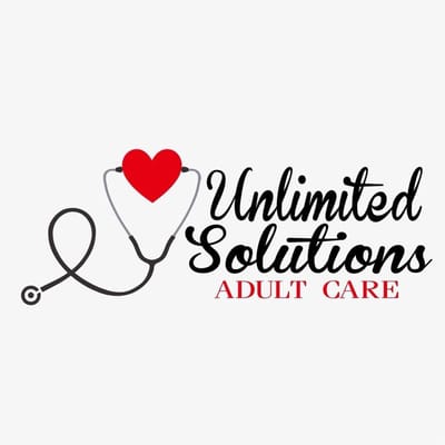 Logo of Unlimited Solutions Adult Care featuring a stethoscope and heart