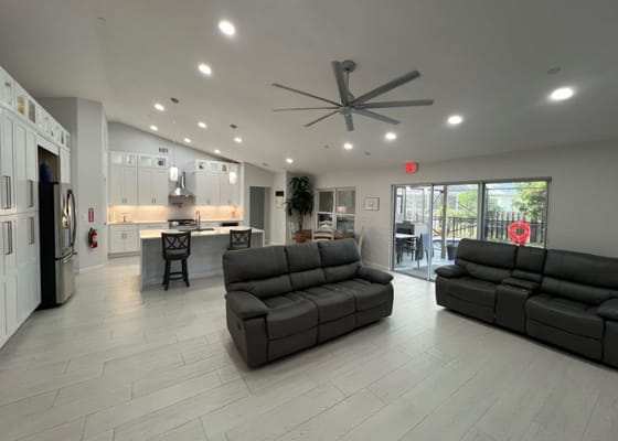 Interior view of a modern common area with seating