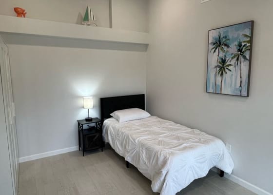 A single bed in a bright, minimalist room