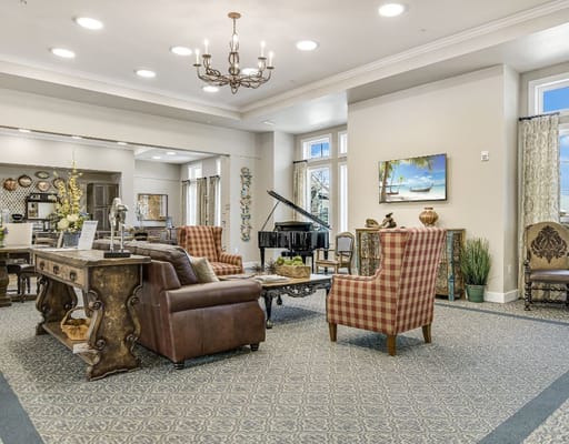 Cozy common area with seating and piano