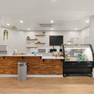 Interior view of a dining area with a snack bar
