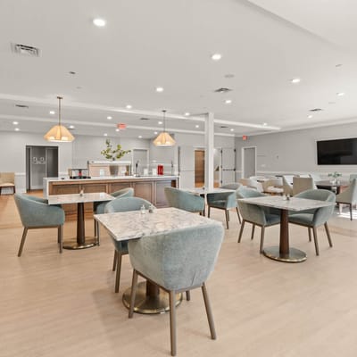 Bright dining area with modern furniture
