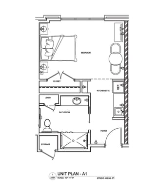 Architectural floor plan of a studio unit