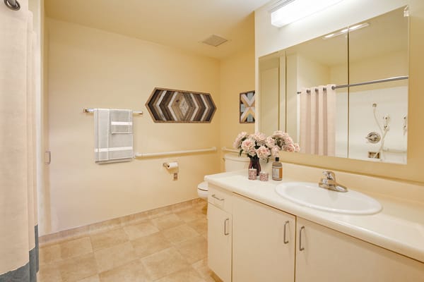 Bright and clean bathroom in a senior living facility